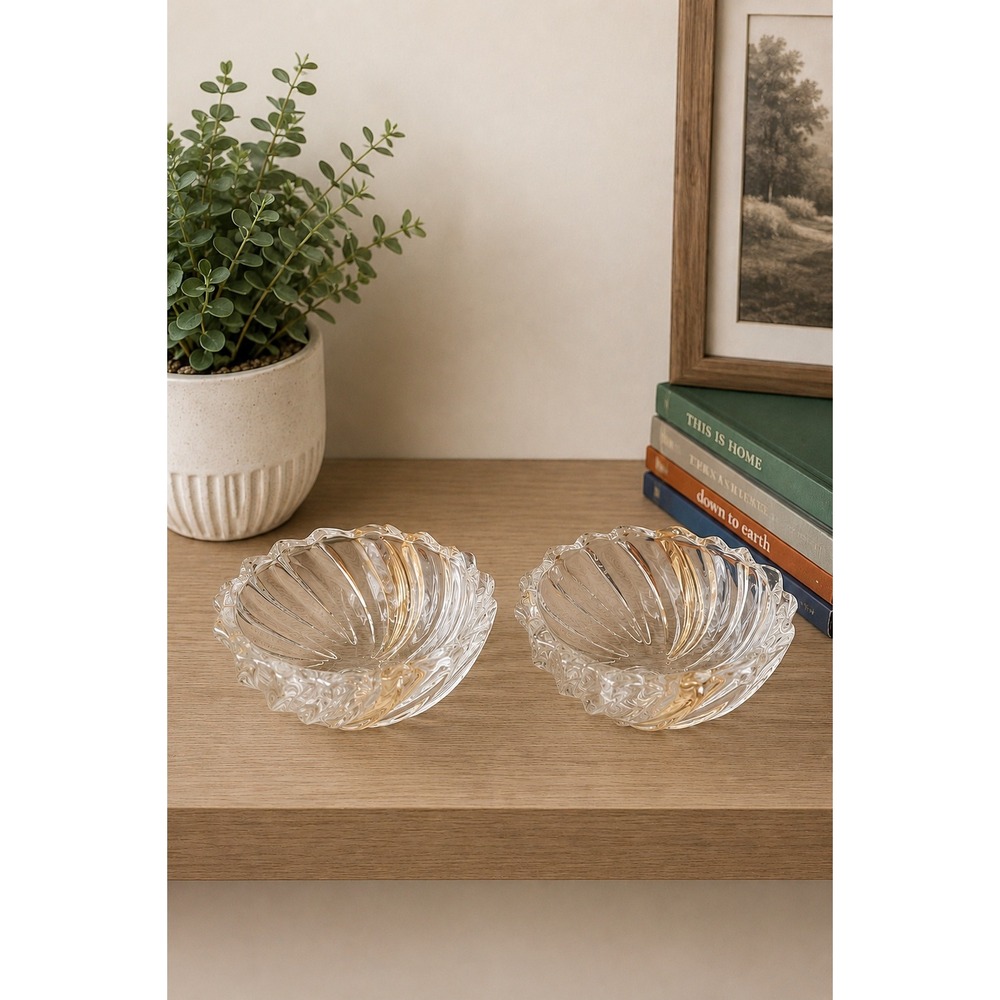 Vintage Swirl Art Glass Bowls Pair 7" Clear Crystal Dessert Serving Mikasa Style